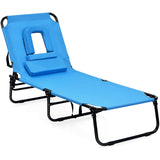 Folding Steel Outdoor Lounge Chair in Blue with Adjustable Back and Hole