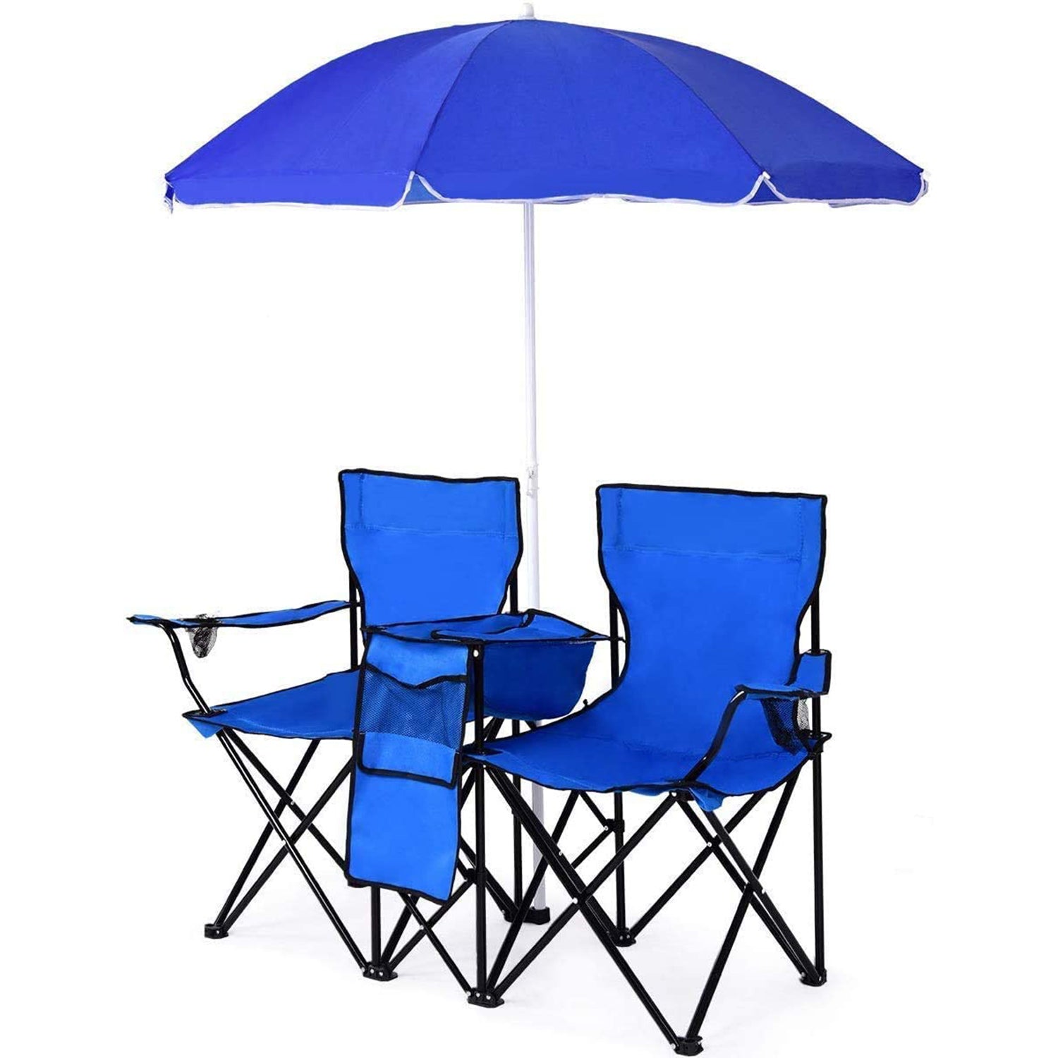 Portable Blue Steel Folding Camping Chair with Umbrella and Carry Bag