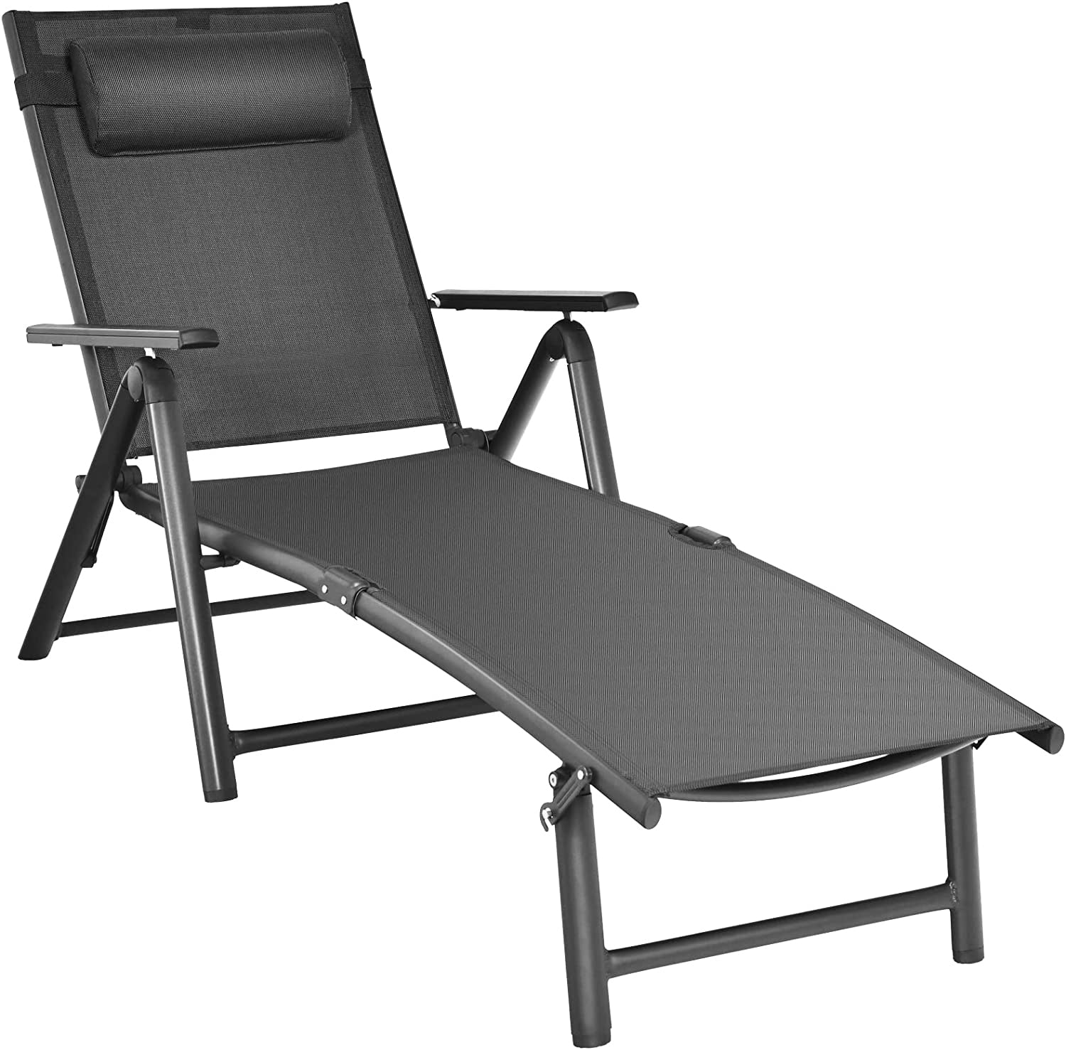 Adjustable Folding Outdoor Lounge Chair With 7 Backrest Positions in Gray