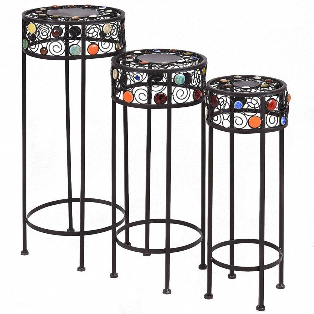 Outdoor Black Metal Plant Stands with Crystal Floral Accents Round (Set of 3)