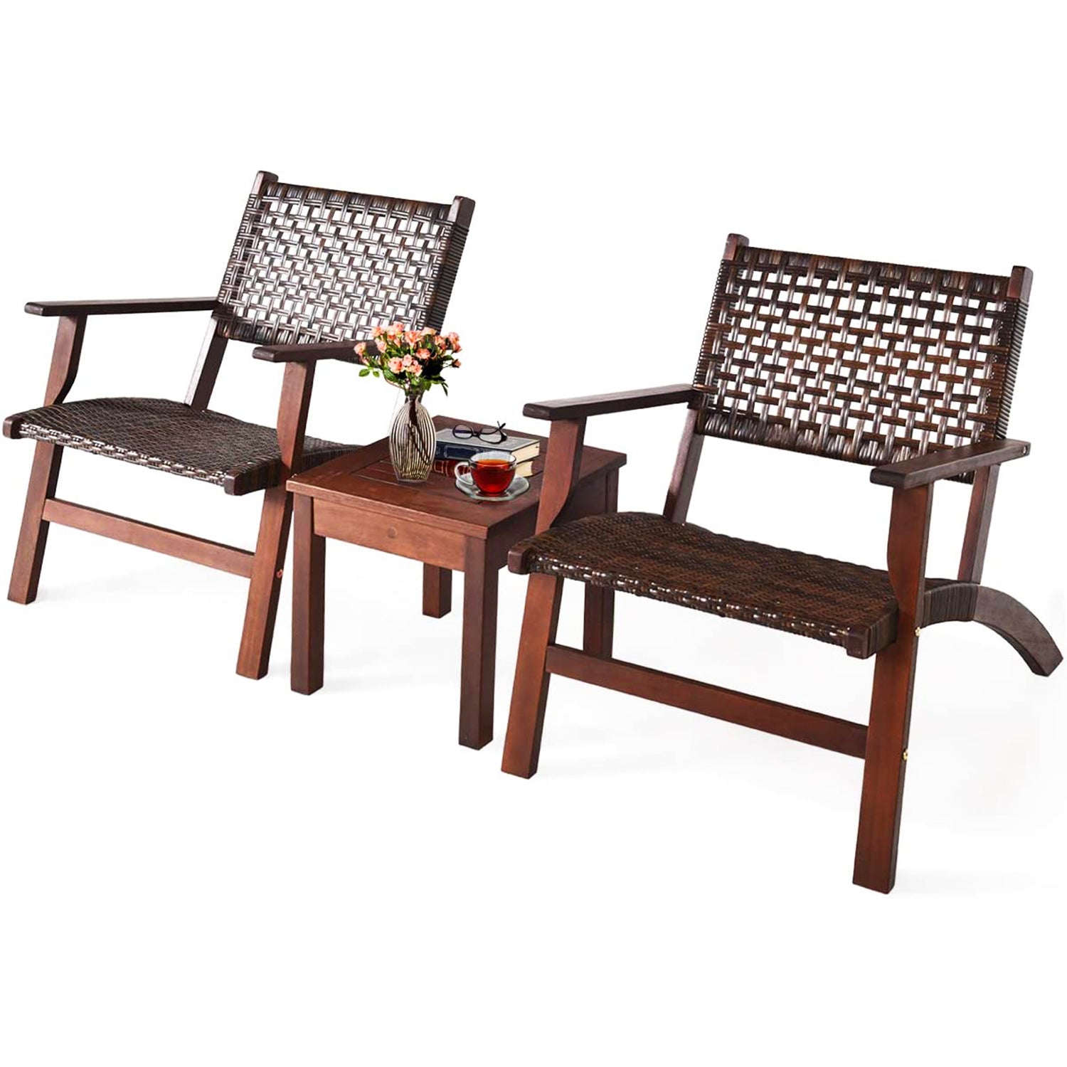 Brown 3-Piece Wood Patio Conversation Set with Coffee Table