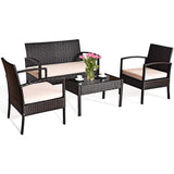 4-Piece Wicker Outdoor Patio Conversation Set with Tan Cushions and Coffee Table