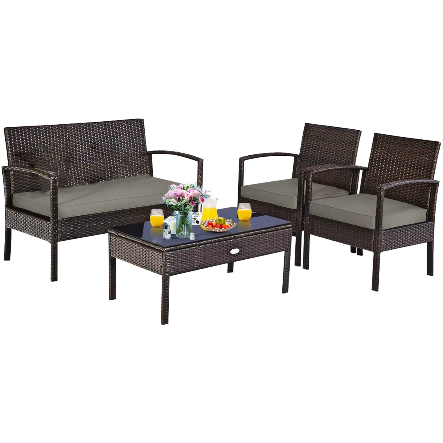 4-Piece Wicker Outdoor Patio Conversation Set with Tan Cushions and Coffee Table