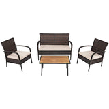 4-Piece Wicker Outdoor Patio Conversation Seating Set with Beige Cushions and Coffee Table