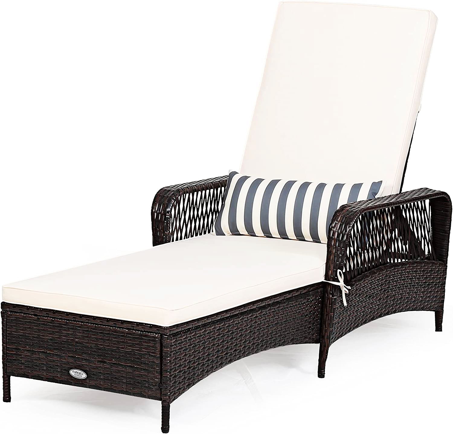 1-Piece Wicker Outdoor Chaise Lounge with Beige Cushions