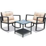 Black Wicker Outdoor Rocking Chairs Set with Beige Cushions