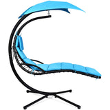 Metal Outdoor Hanging Chaise Lounge Chair with Blue Cushion