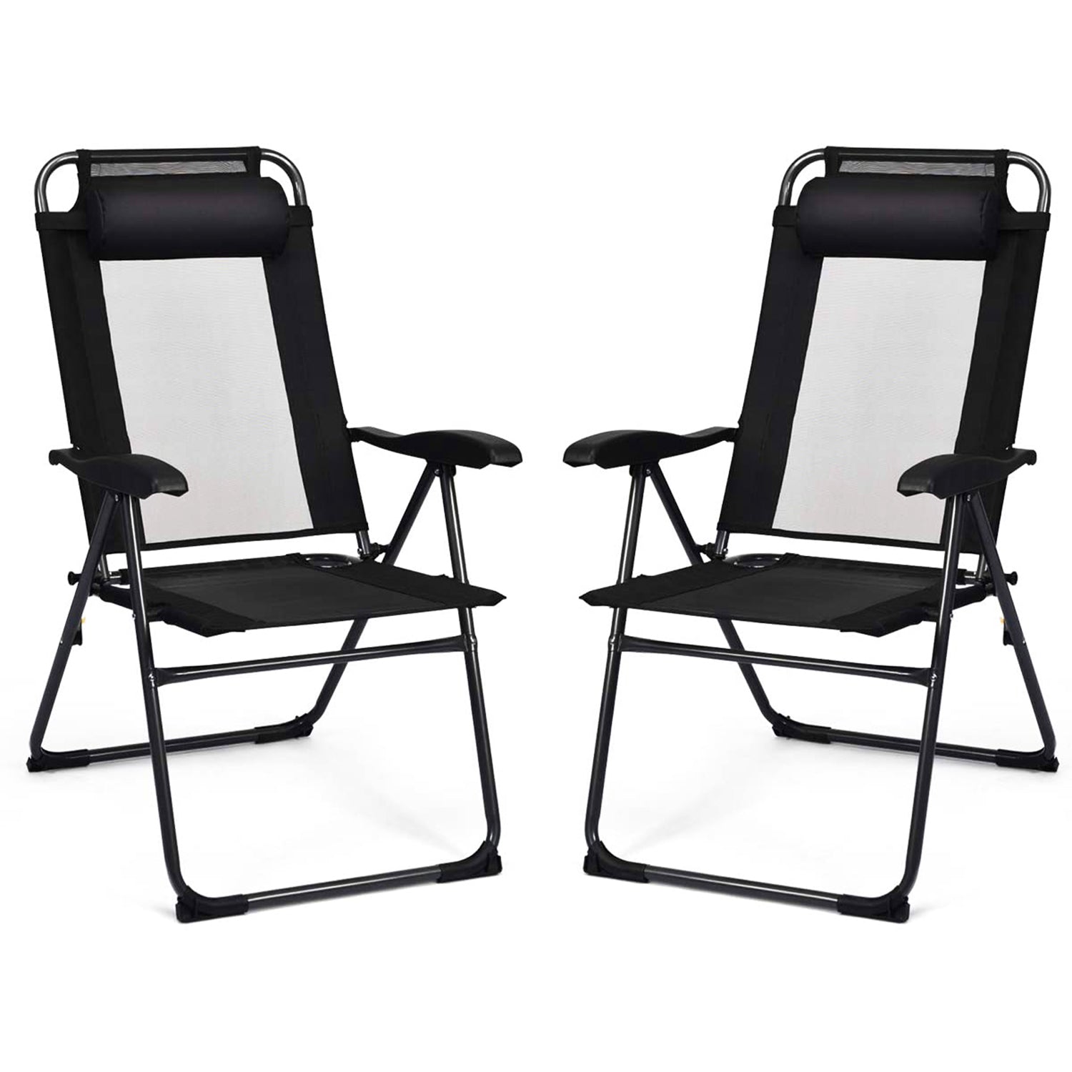 Black Folding Adjustable Reclining Metal Outdoor Lounge Chair in Black (Set of 2)