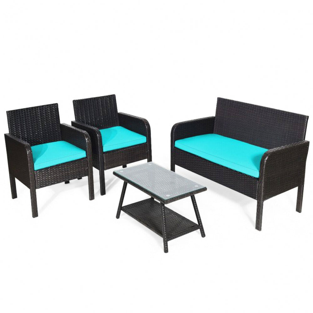 4-Piece Wicker Outdoor Patio Conversation Seating Set with Blue Cushions and Coffee Table