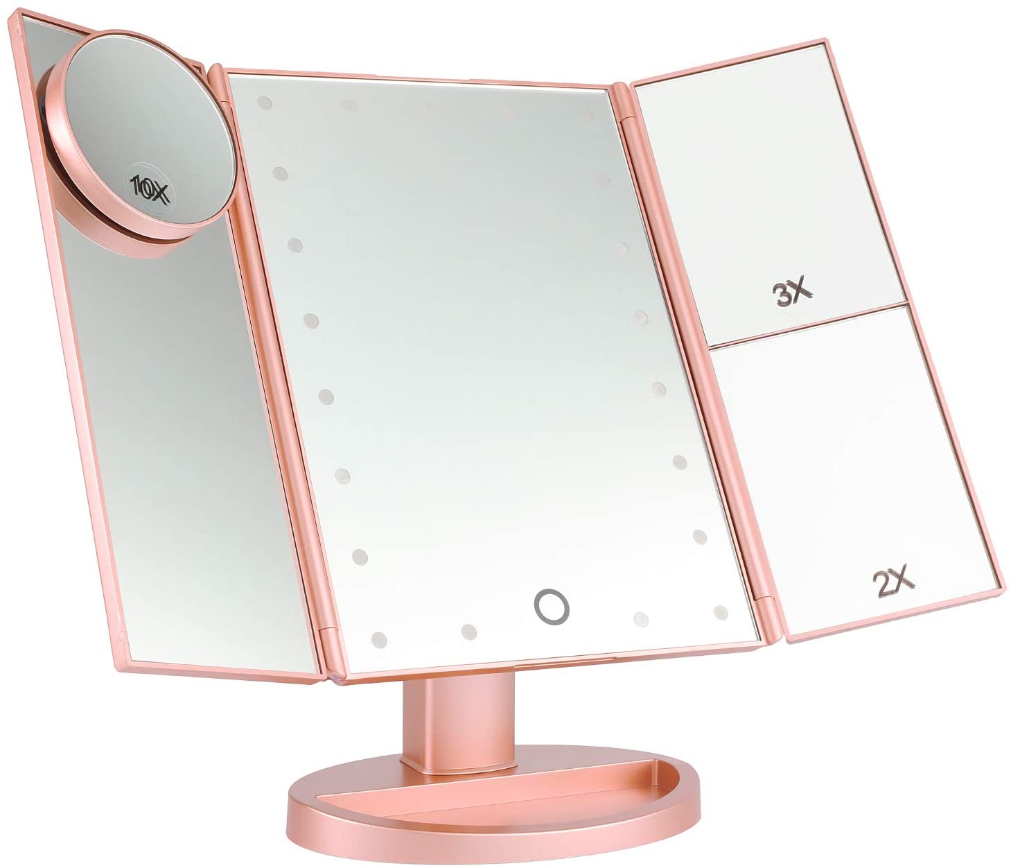 SUGIFT Makeup Mirror Vanity Mirror with 22 LED Lights, 1x 2X 3X 10X Magnification, Lighted Makeup Mirror, Touch Control, Trifold Makeup Mirror(Rose Gold)