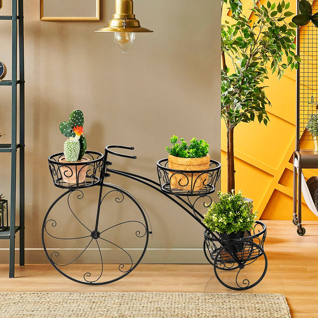 Decorative Outdoor Black Metal Garden Cart and Plant Stand (3Tiered