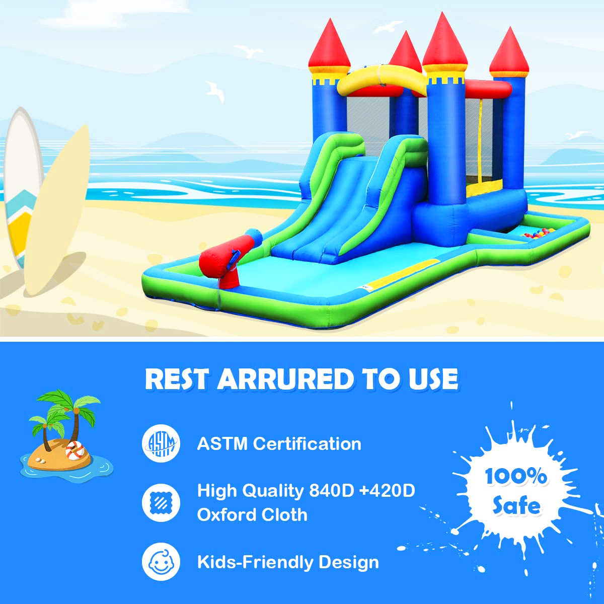 Multi-Color Inflatable Water Slide Kids Bounce House with Air Pump and Carrying Case