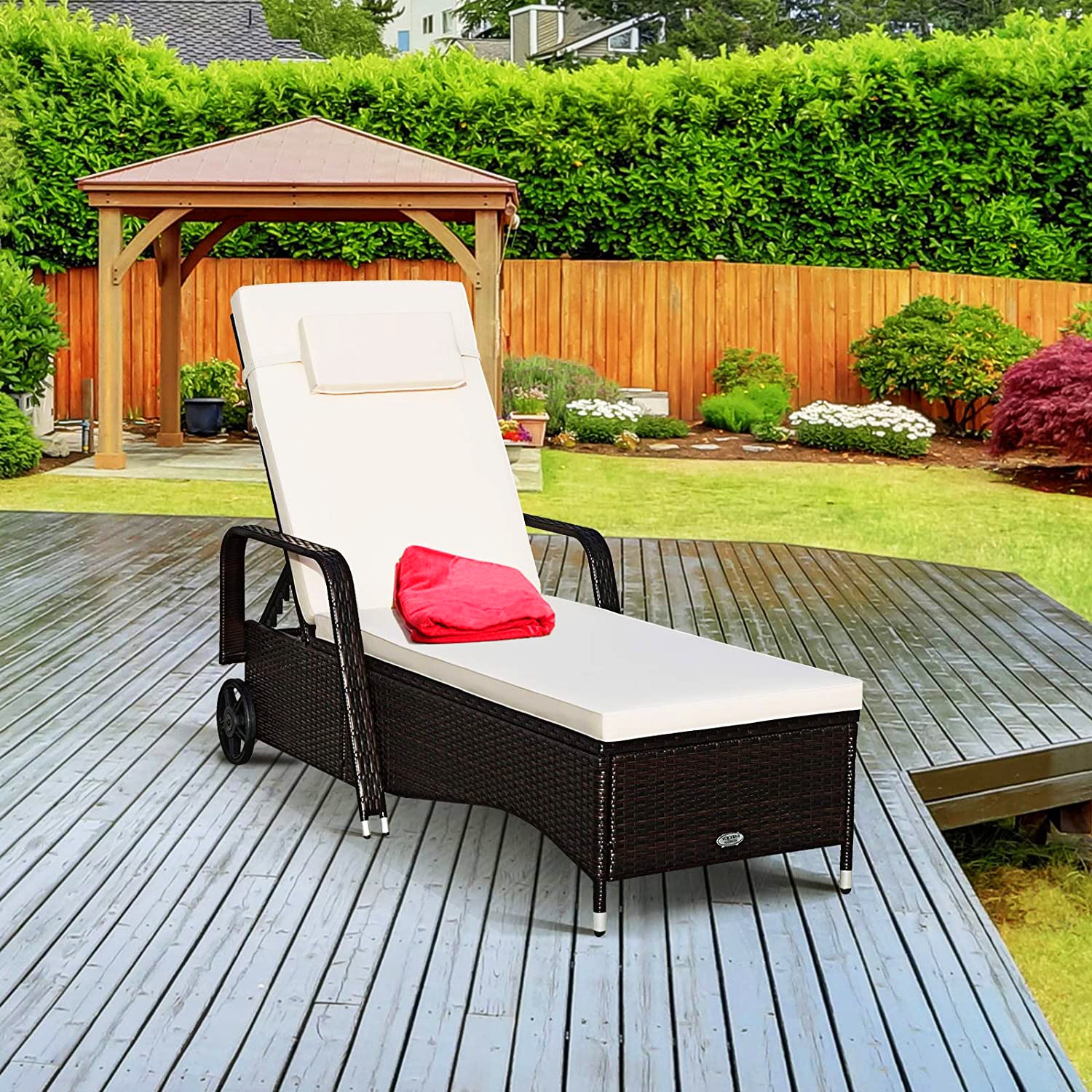 Black Back Adjustable Rattan Wicker Outdoor Lounge Chair with Beige Cushions