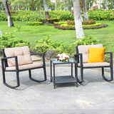 Black Wicker Outdoor Rocking Chairs Set with Beige Cushions
