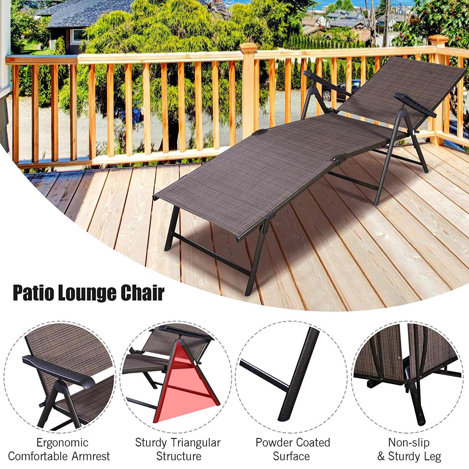 Steel Outdoor Chaise Lounge Chair Adjustable Folding Pool Lounger in Brown