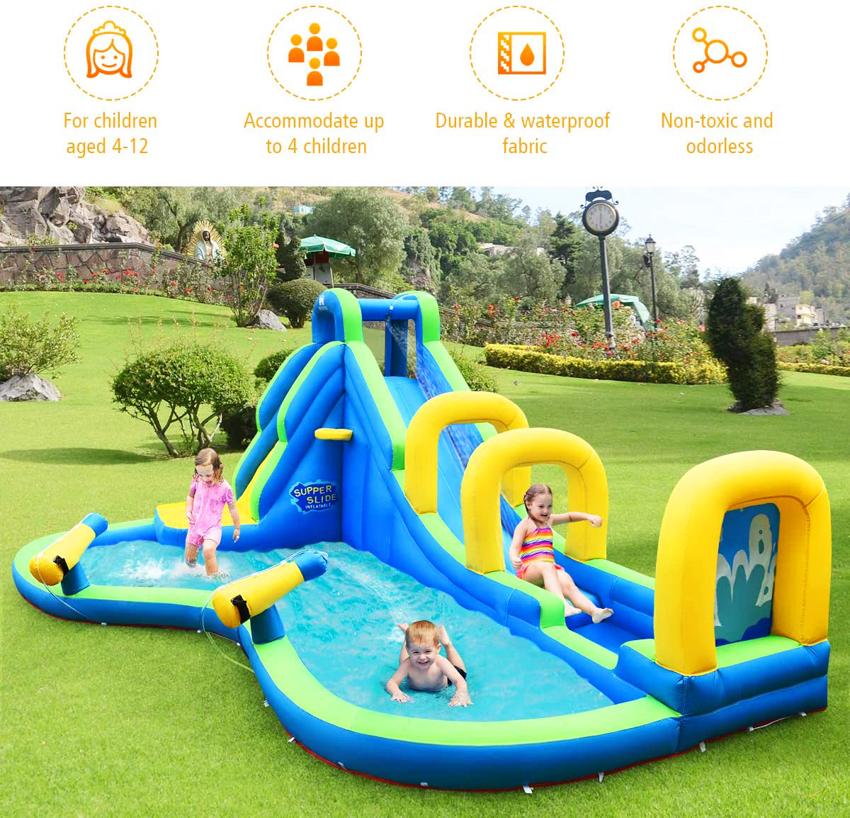 Deluxe Multi-Colored Inflatable Water Park with Slides, Water Blaster and Climbing Wall - Blower and Carry Case Included