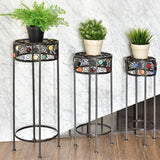 Outdoor Black Metal Plant Stands with Crystal Floral Accents Round (Set of 3)