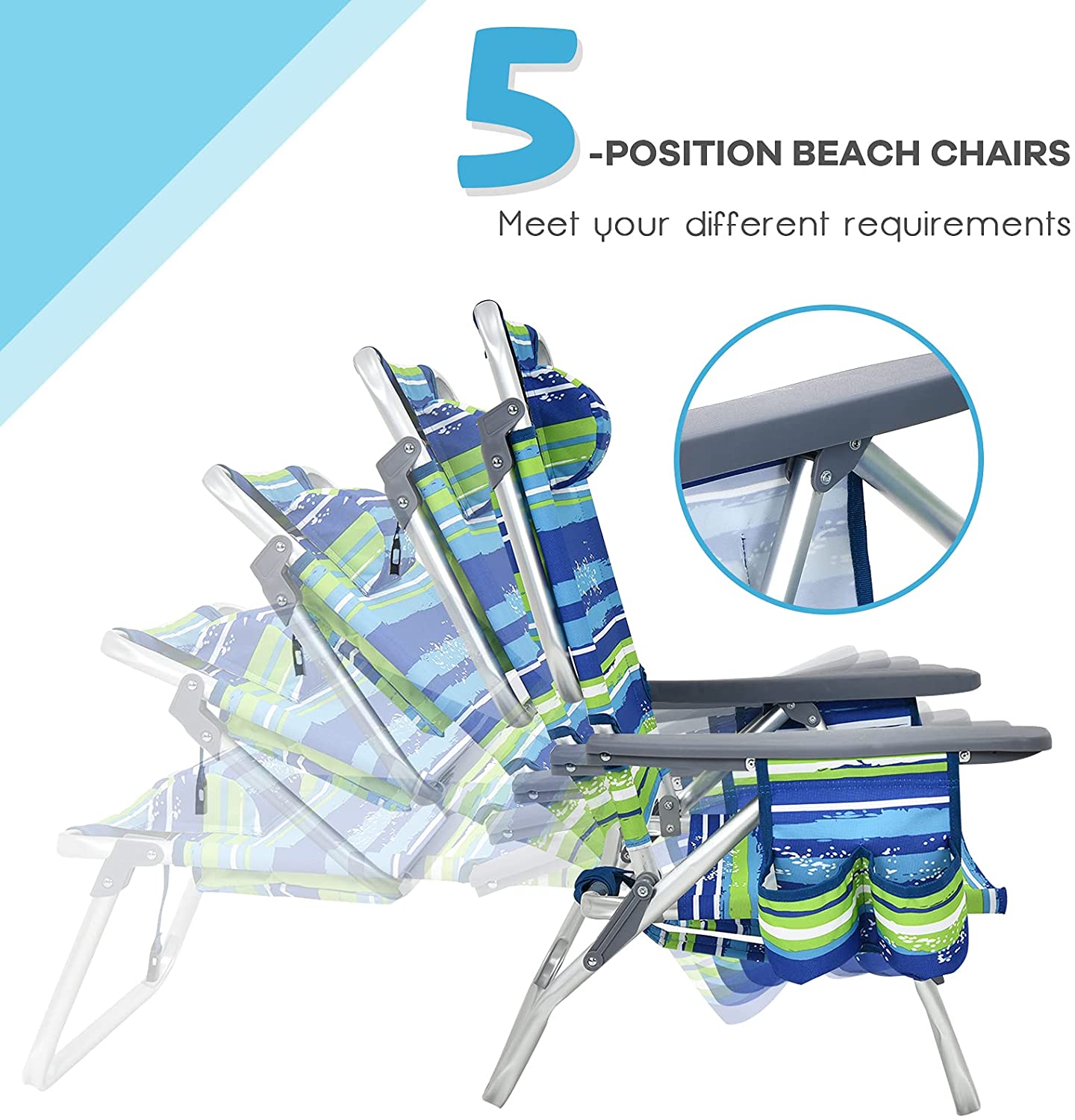 5-Position Outdoor Folding Backpack Beach Table Chair Reclining Chair Set (2-Pack)