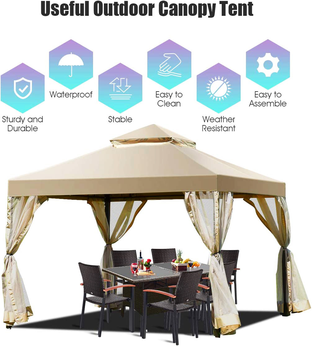 10 ft. x 10 ft. Beige Outdoor Patio Gazebo Canopy with Polyester Roof and Mesh Curtains