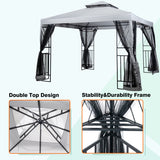 10 ft. x 10 ft. Gray Steel 2-Tier Outdoor Patio Gazebo with Roof and Netting