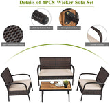 4-Piece Wicker Outdoor Patio Conversation Seating Set with Beige Cushions and Coffee Table
