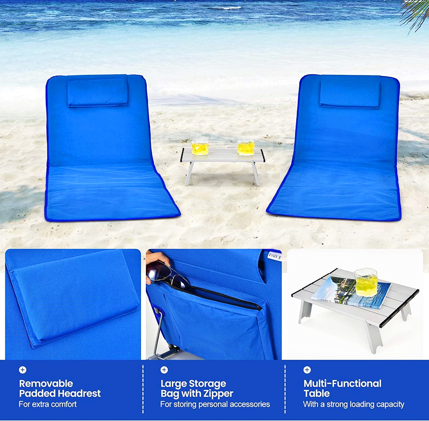 5-Position Outdoor Folding Beach Lounge Chair Mat with Table