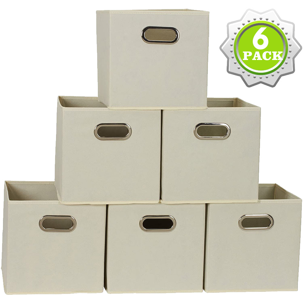 SUGIFT Collapsible Fabric Storage Cubes Organizer with Handles, Beige - Pack of 6