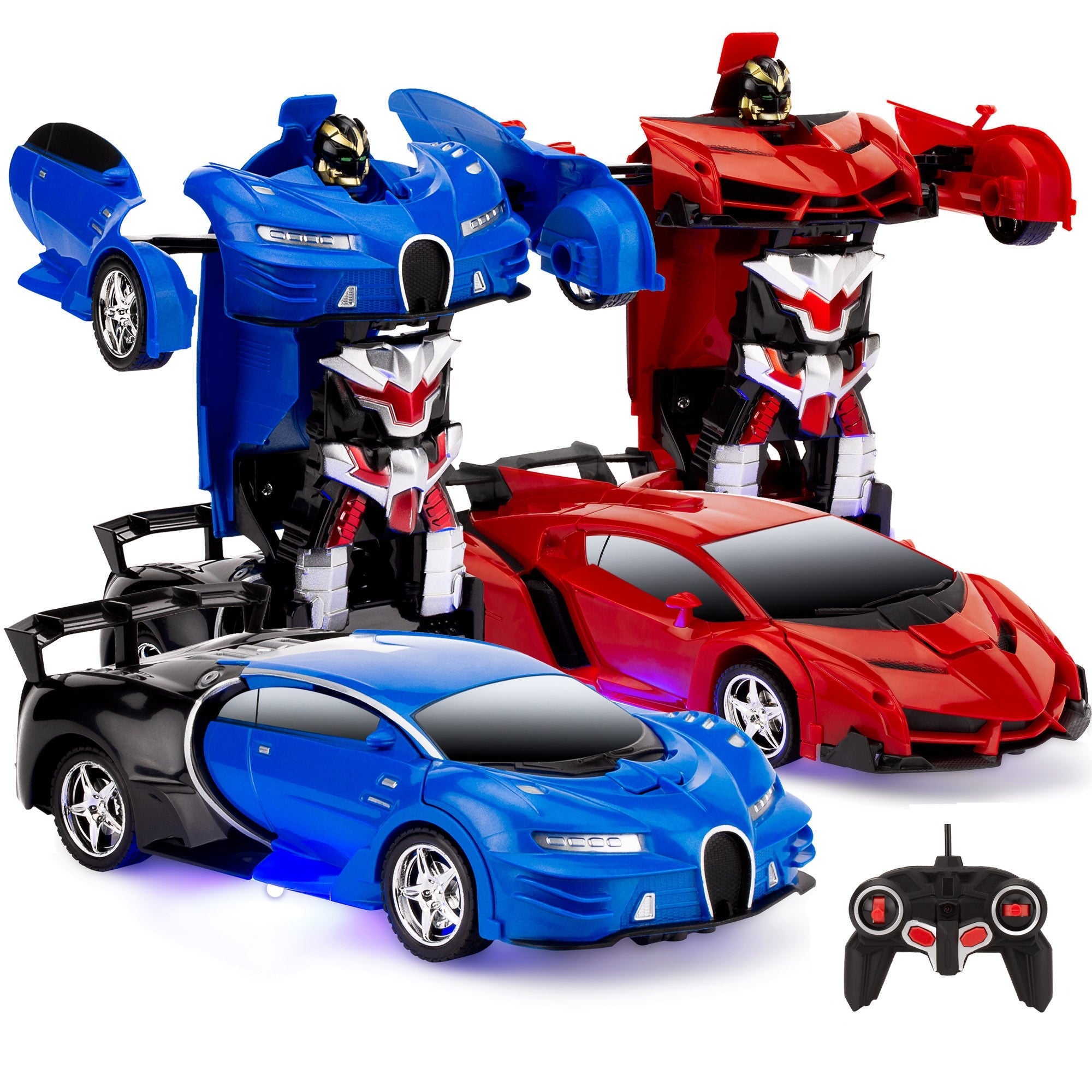 SUGIFT Set of 2 1/18 Scale RC Remote Control Transforming Robot Sports Car Toys w/ 1 Button Transformation