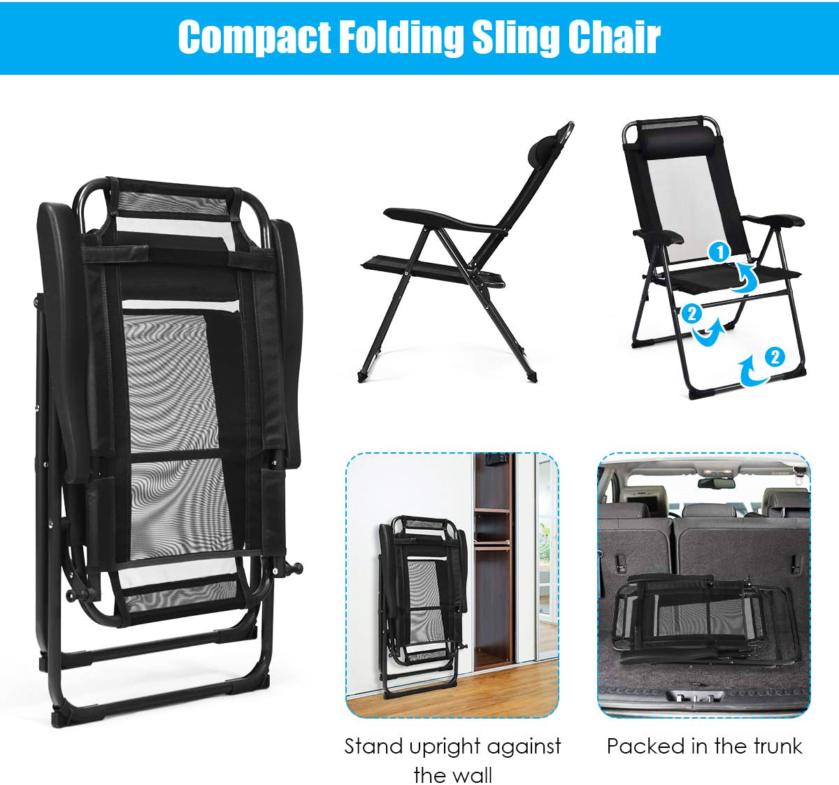 Black Folding Adjustable Reclining Metal Outdoor Lounge Chair in Black (Set of 2)