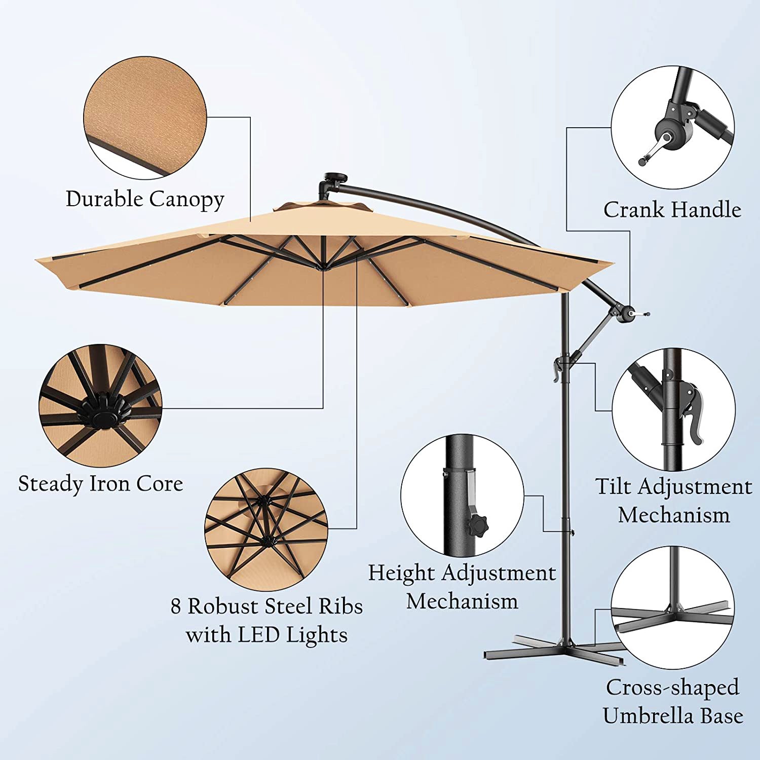 10 ft. Steel Cantilever Solar LED Offset Outdoor Patio Umbrella in Beige