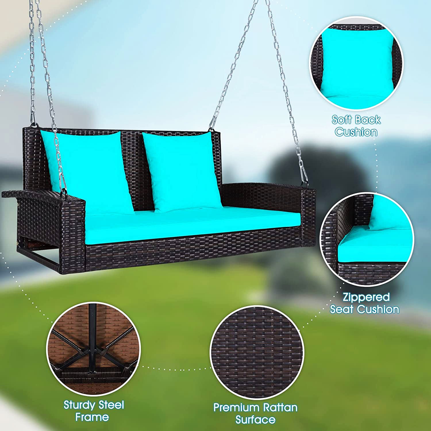 2-Person Black Steel Patio Swing with Turquoise Cushions