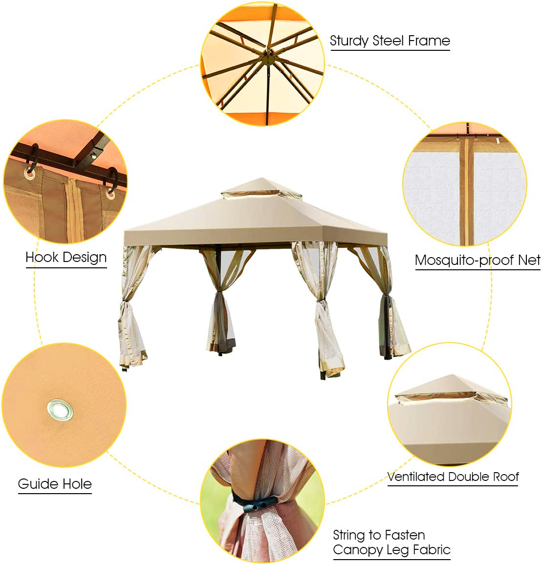 10 ft. x 10 ft. Beige Outdoor Patio Gazebo Canopy with Polyester Roof and Mesh Curtains