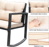 Black Wicker Outdoor Rocking Chairs Set with Beige Cushions