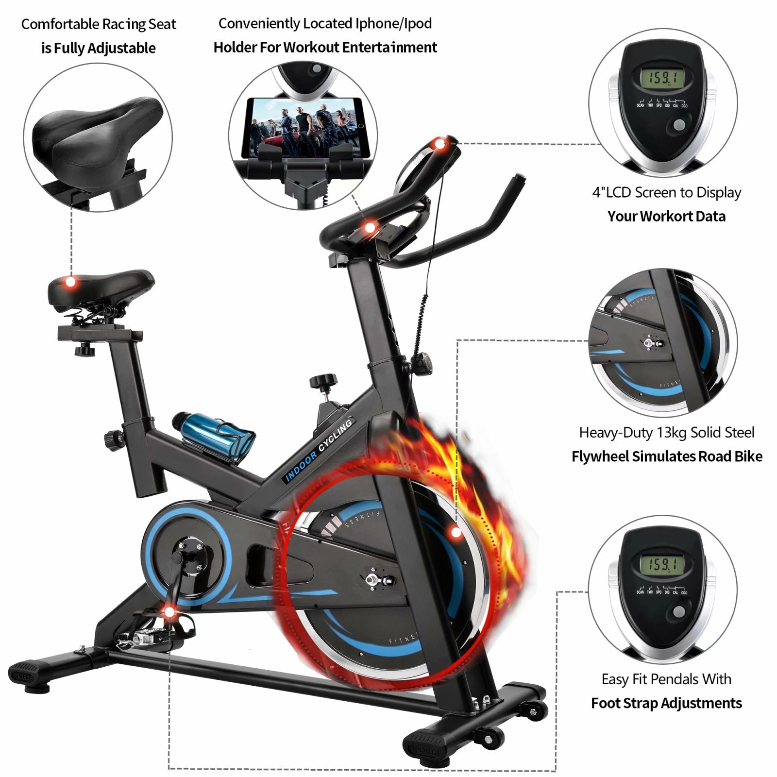Indoor Exercise Bike,Indoor Cycling Bike Trainer,Chromed Flywheel, Silent Belt Drive Indoor Cycle Bike with Leather Resistance Pad