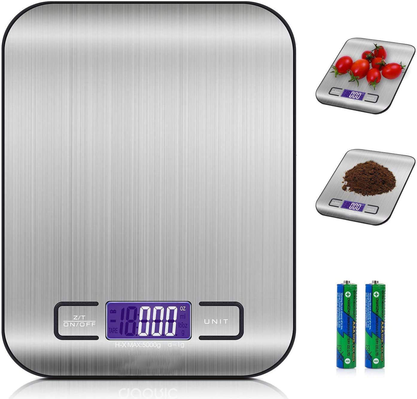 SKONYON Digital Kitchen Scale Food Scale, 11 lb/5 kg Stainless Steel LCD Display Tare Function Automatic Shutdown, Silver