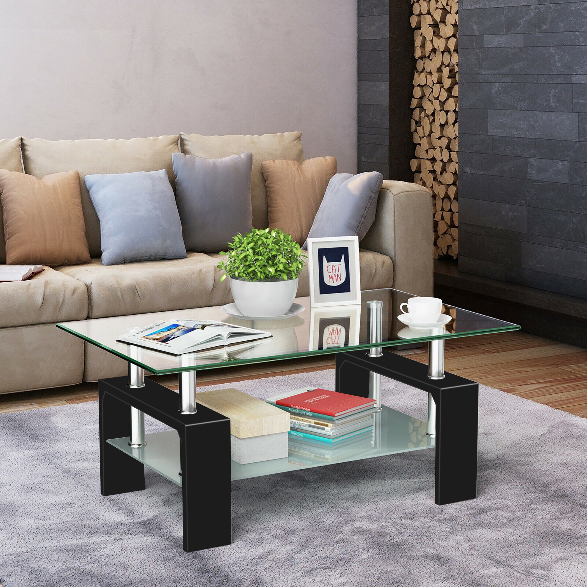 SKONYON Modern Glass Coffee Table, Black/Clear