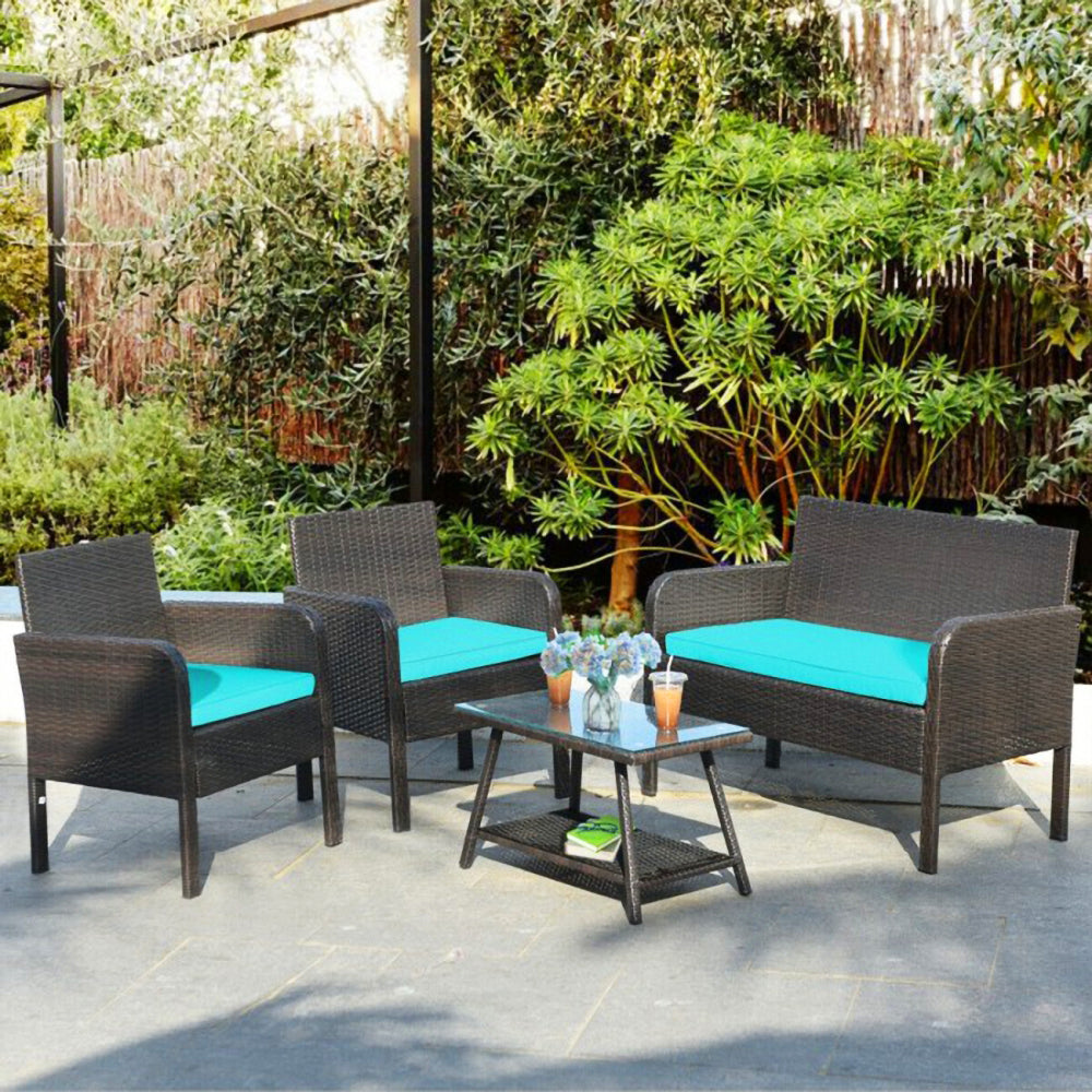 4-Piece Wicker Outdoor Patio Conversation Seating Set with Blue Cushions and Coffee Table