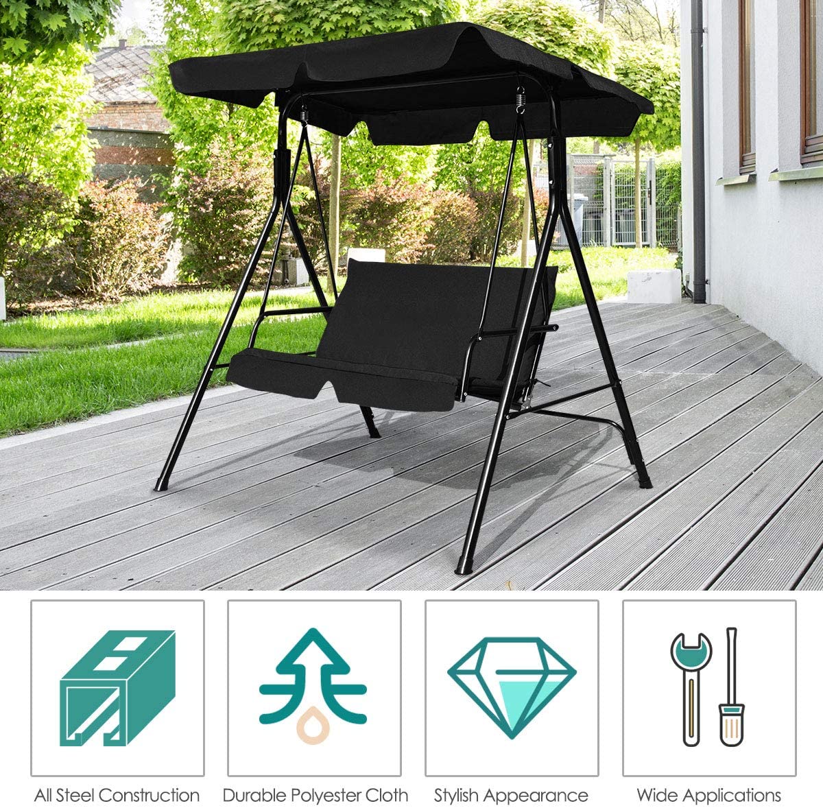 2-Person Steel Outdoor Patio Swing with Canopy