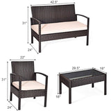 4-Piece Wicker Outdoor Patio Conversation Set with Tan Cushions and Coffee Table
