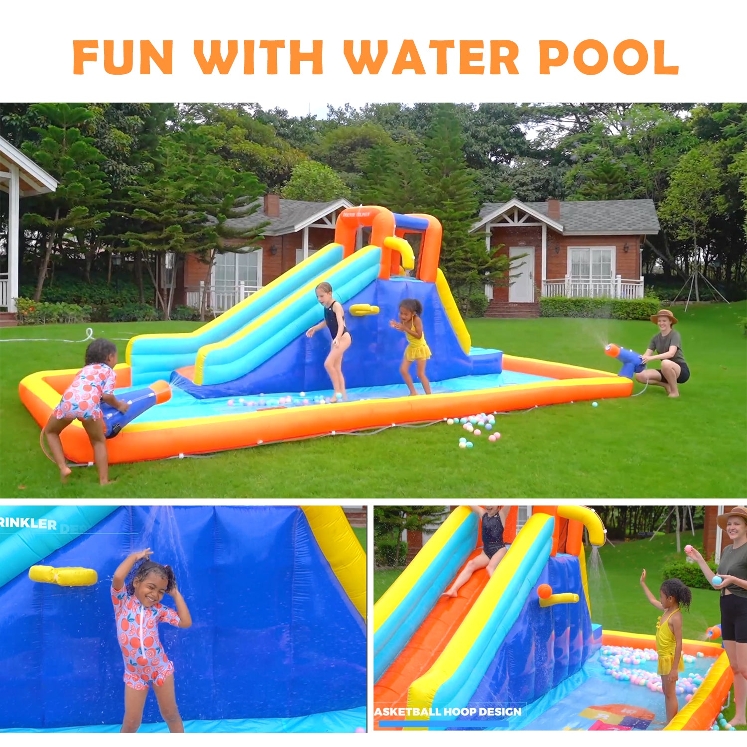 Multi-Colored Inflatable Water Slide Park Heavy-Duty Nylon Bounce House for Outdoor Fun with Air Pump & Carrying Case
