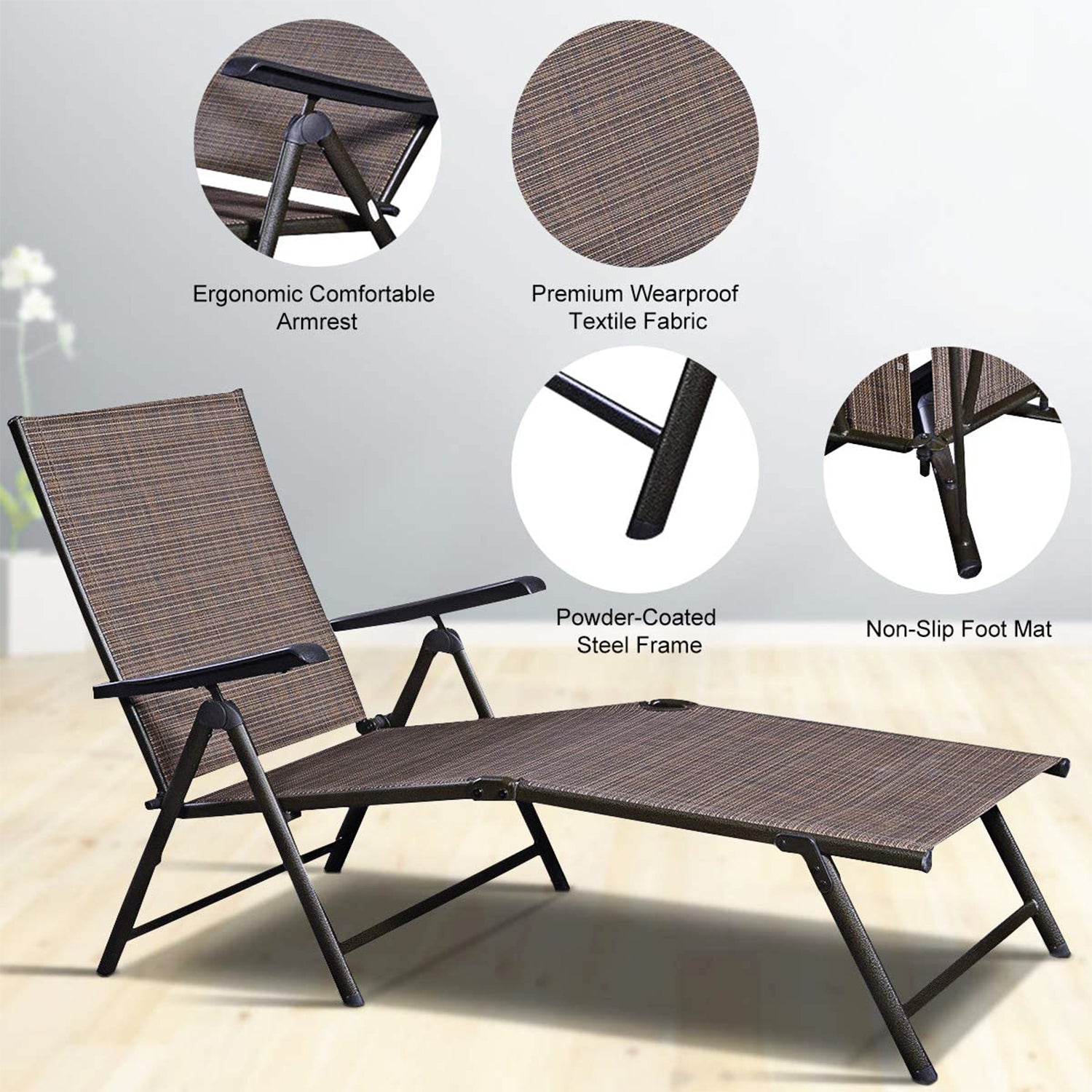 Steel Outdoor Chaise Lounge Chair Adjustable Folding Pool Lounger in Brown