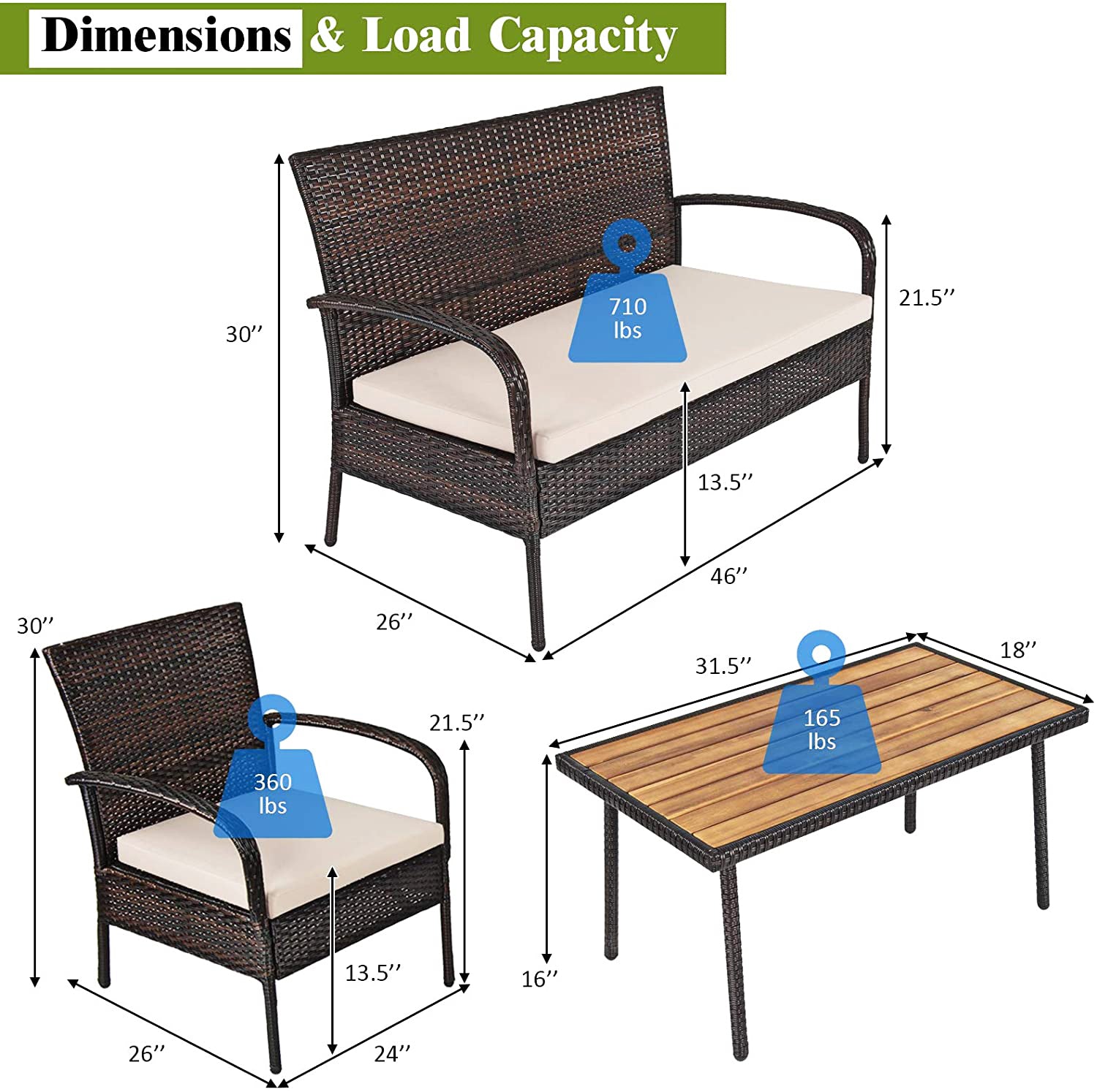 4-Piece Wicker Outdoor Patio Conversation Seating Set with Beige Cushions and Coffee Table