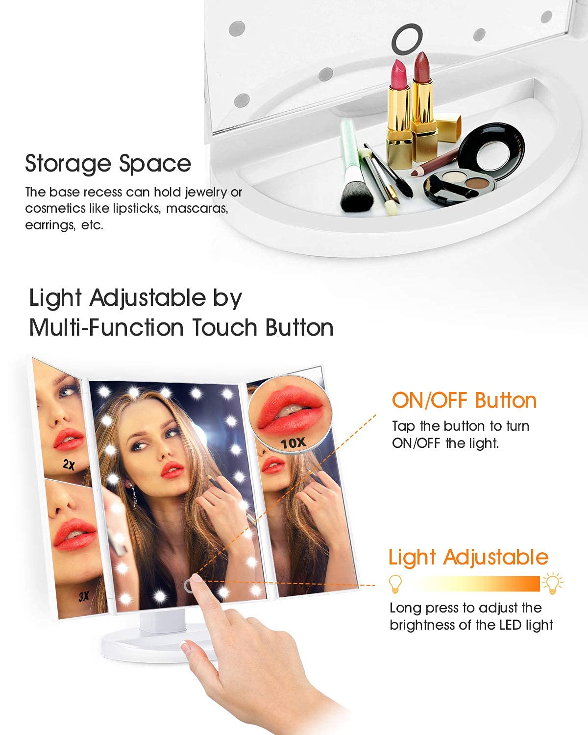 SKONYON Vanity Mirror Lighted Makeup Mirror 10X 3X 2X 1X Magnifying Mirror with 22 LED Lights, Trifold Mirror with Touch Screen, Adjustable Brightness & Stand, Dual Power Supply Mode, White