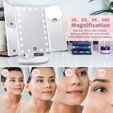 SKONYON Vanity Mirror Lighted Makeup Mirror 10X 3X 2X 1X Magnifying Mirror with 22 LED Lights, Trifold Mirror with Touch Screen, Adjustable Brightness & Stand, Dual Power Supply Mode, White