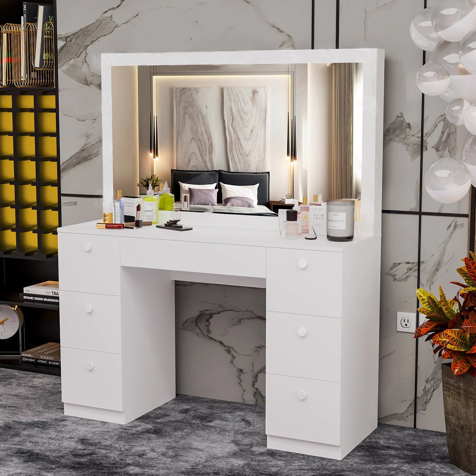 SKONYON Modern Vanity Desk, White Finish, for Bedroom and Dressing Room