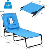 Folding Steel Outdoor Lounge Chair in Blue with Adjustable Back and Hole