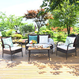 4-Piece Wicker Outdoor Patio Conversation Seating Set with Beige Cushions and Coffee Table