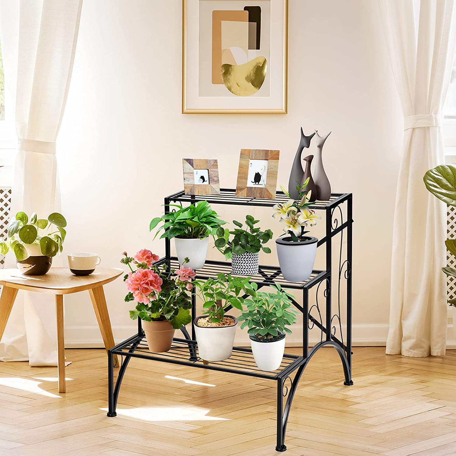 27 in. Tall Outdoor Black Metal Plant Stand (3-Tiered)