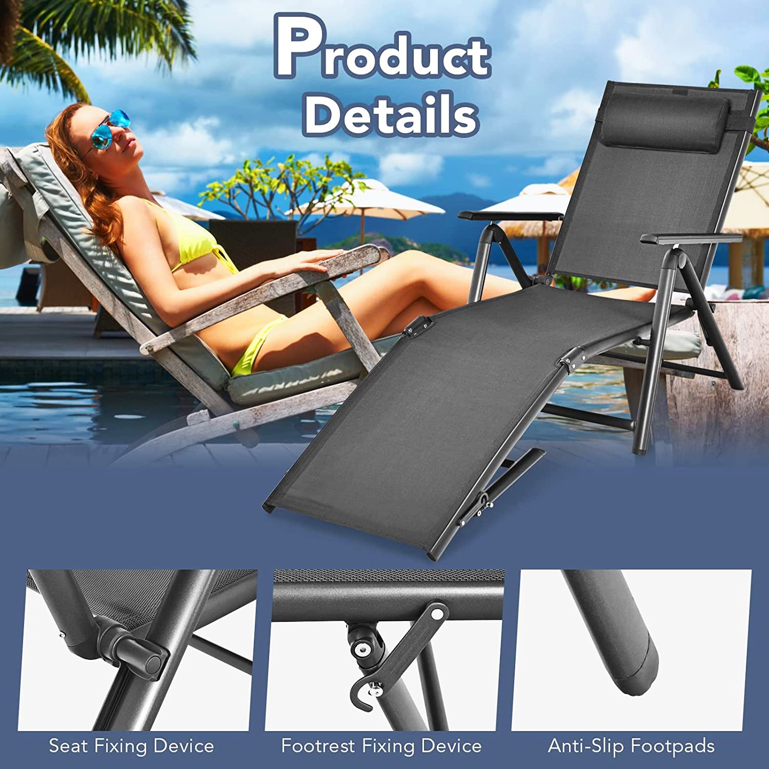 Adjustable Folding Outdoor Lounge Chair With 7 Backrest Positions in Gray