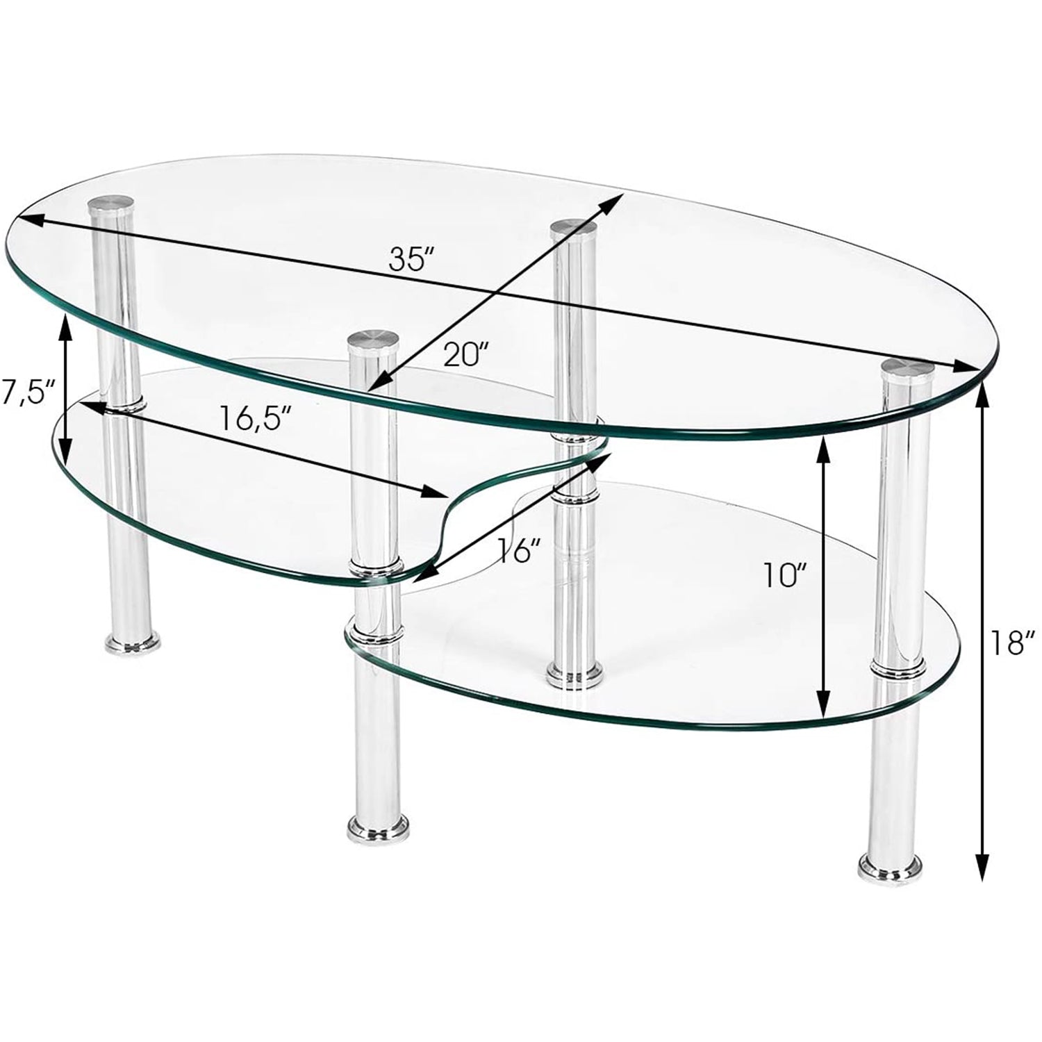 35 in. Silver Medium Oval Glass Coffee Table with Shelf